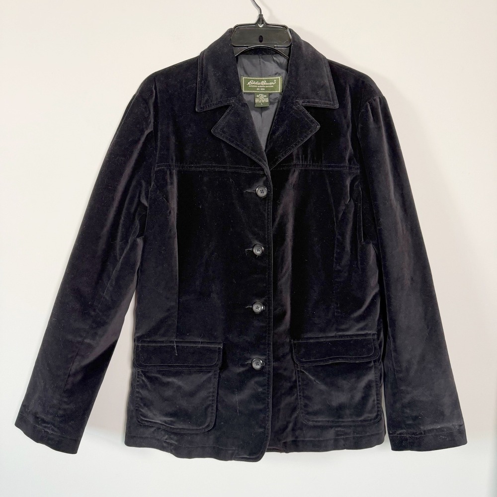 Eddie Bauer Black Velvet Jacket Button Front Pockets L Classic Heritage Fall
